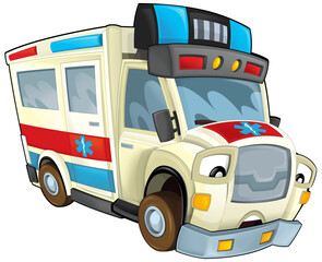 cartoon scene with funny looking ambulance truck illustration for children