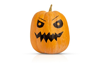Pumpkin for Halloween painted in the form of a scary muzzle. Isolated decor element jack o lantern
