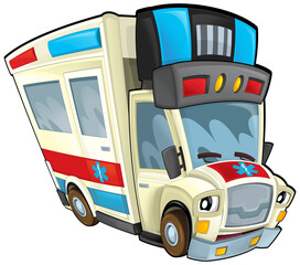 cartoon scene with funny looking ambulance truck illustration for children