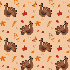 Seamless vector pattern with turkey and autumn leaves. Texture for fabric, wallpaper, apparel, wrapping. Happy Thanksgiving.