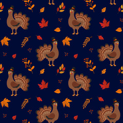 Seamless vector pattern with turkey and autumn leaves. Texture for fabric, wallpaper, apparel, wrapping. Happy Thanksgiving.