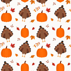 Seamless vector pattern with turkey and pumpkins. Texture for fabric, wallpaper, apparel, wrapping. Happy Thanksgiving.