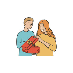 Beautiful illustration with man giving present woman for lifestyle design. Holiday, birthday. Happy birthday greeting.