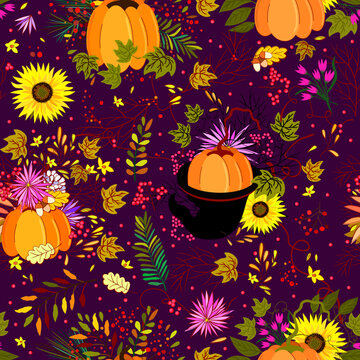 Vector seamless floral pattern with bright pumpkins, leaves and sumflowers on violet background.