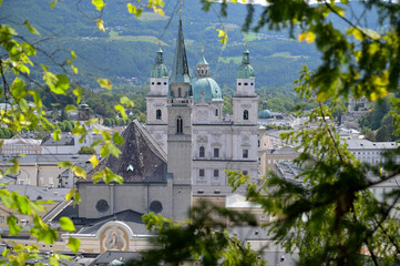 View over the old town of Salzburg with the Salzburger Dom and the Franziskanerkirche, Austria,...