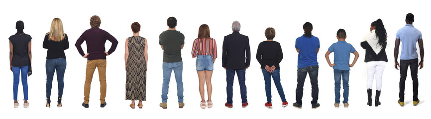 back view of large group o people on white background