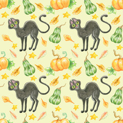 Watercolor seamless halloween pattern with black cat,pumpkins and oak leaves on yellow background.Perfect for children textile,fabrics.
