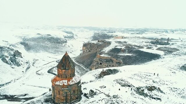 Aerial view of Kars Ani Ruins. 4K Footage in Turkey. Ani Harabeleri