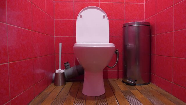 Toilet room interior with white toilet bowl, metallic wastebasket, plastic toilet brush and red wall tiles