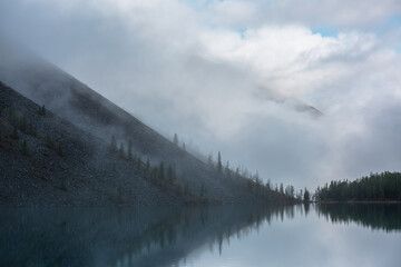 Tranquil meditative misty scenery of glacial lake with reflection of pointy fir tops and clouds at early morning. Graphic EQ of spruce silhouettes on hill near calm alpine lake. Mountain lake in fog.