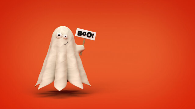 Cute Halloween clay ghost on orange background with Boo! sign and copy space. 3D illustration render in 8k.