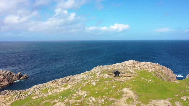 Aerial view of Derek Hills hut on Tory Island, County Donegal, Ireland