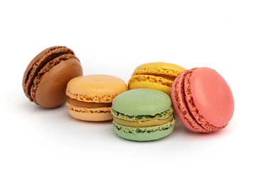 Variations of colorful macaroons isolated on white background