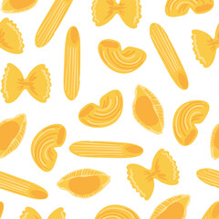 Italian pasta vector pattern. Different types of pasta. Penne, farfalle, fusilli, shell shape. Food wallpaper. Wrapping paper. Delicious dish.