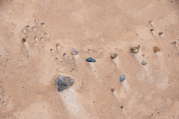 Top view on different color pebbles in the wet sand making abstract pattern

