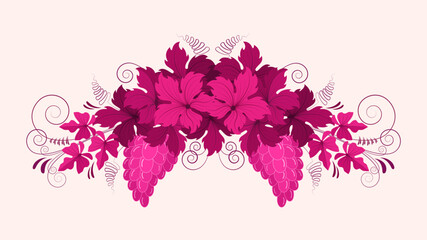 Pattern of grape branches, leaves and bunch of grapes in vintage style. Design element for the concept of growing grapes and producing wine and juice. Vector vintage pattern in red wine color.