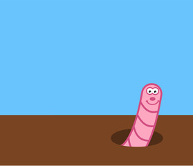 A smiling pink worm stirring the earth with blue sky