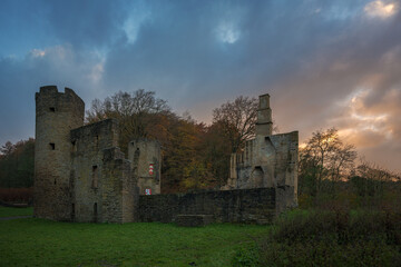 Burgruine Ruine einer Wasserburg mit Burgturm und Burgmauern umgeben von Wald und einem Fluss