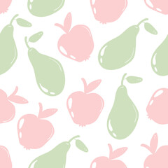 Seamless pattern with hand drawn cute colorful apple and pear with on a white background. Doodle, simple flat illustration. It can be used for decoration of textile, paper.