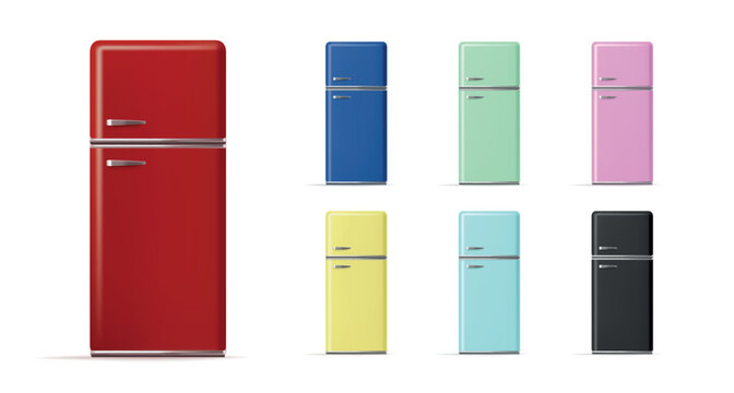 Retro fridge realistic set. Vertical colored vintage refrigerator collection. Vector illustration.