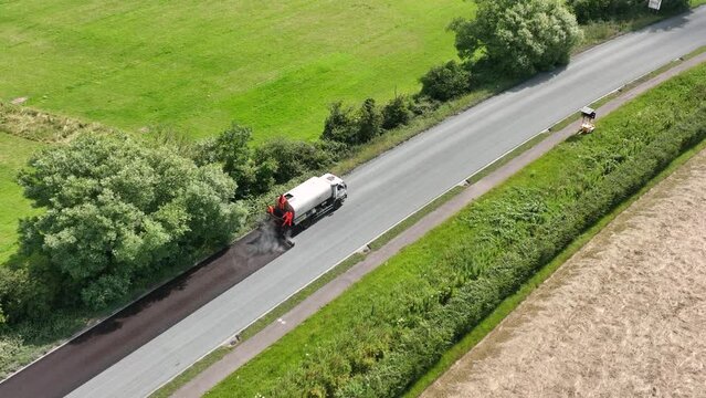 Road Resurfacing Aerial View of Surface Dressing Micro Asphalt Process