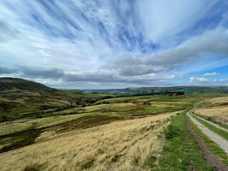 Naklejka premium Aerial view of rural farmland with fields and grassland. Taken in Lancashire England. 