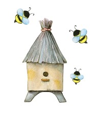 Brown wooden house for bees with a thatched roof, honey collection, watercolor painting in cartoon style