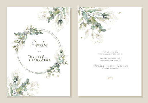 ARustic wedding invitation card with watercolour green leaves. Vector
