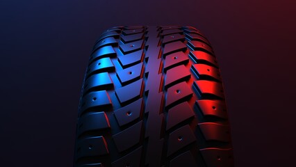New car tire profile. Tire tread. Car wheel. Black rubber automotive tire. Auto service concept, changing wheels. Tire shop. Public transport. Motor sports, 3D Rendering.