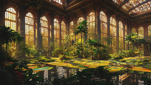 Palace interior with high stained-glass windows of multi-colored glass, a botanical garden with exotic plants, an ancient majestic hall. 3D illustration.