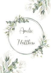 Rustic wedding invitation card with a watercolour lush bouquet of greenery. Vector