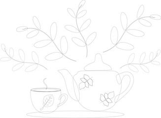 Coloring page teapot and a cup of tea among the leaves. Vector. Black and white lines.