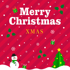 Square banner Merry Christmas or New Year, with place for text. Cartoon snowman and Christmas tree with yellow star. Concept for a postcard or invitation to a holiday. Vector, illustration
