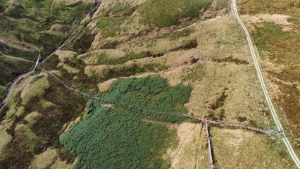 Aerial view of rural farmland and countryside. Taken in Lancashire England. 