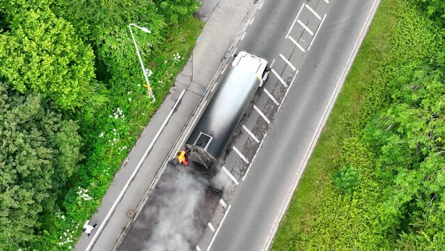 Road Resurfacing Aerial View of Surface Dressing Micro Asphalt Process