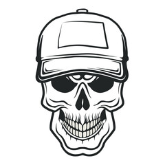 Isolated on a white background. Outline vector skull with hat in black color. the skull of the city's modern street style.