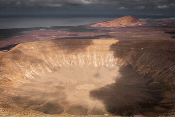 Dramatic landscape of the crater of Caldera Blanca volcano,  Lanzarote, Canary Islands, Spain