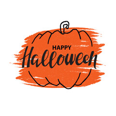 Happy Halloween banner for a party invitation  inside an orange pastel pumpkin  Vector illustration. Hand digital lettering of black color for  banner,  poster,  greeting card, invitation. Autumn