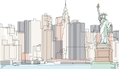 One continuous line art minimal vector New York cityscape statue of liberty harbor skyline  - obrazy, fototapety, plakaty