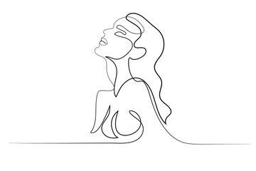 Side view of a young nude woman one line drawing on white isolated background. Vector illustrationSide view of a young nude woman one line drawing on white isolated background. Vector illustration