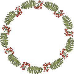 Round frame of cozy rowan berries on white background. Vector image. Doodle style.