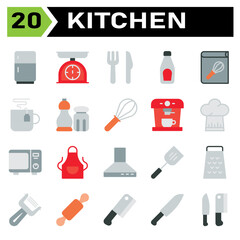 Kitchen equipment icon set include refrigerator, fringe, kitchen, equipment, scales, scale, weight, fork, knife, cutlery, bottle, sauce, tomato, ketchup, recipe, book, cook, cookbook, cooking, coffee