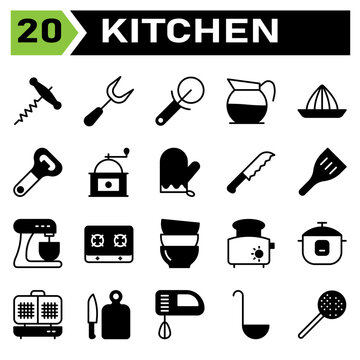 Kitchen equipment icon set include corkscrew, bottle, opener, wine, equipment, carving, carve, fork, kitchen, utensil, cutter, pizza, cut, coffee, decanter, pot, drink, press, squeezer, lemon, citrus