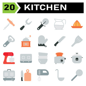 Kitchen equipment icon set include corkscrew, bottle, opener, wine, equipment, carving, carve, fork, kitchen, utensil, cutter, pizza, cut, coffee, decanter, pot, drink, press, squeezer, lemon, citrus