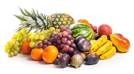 Pineapple, watermelon, grapes, peaches, pears, figs, tangerines, bananas on a white background. Isolate