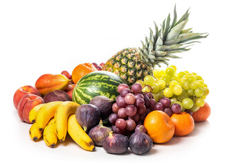 Fototapeta na wymiar Pineapple, watermelon, grapes, peaches, pears, figs, tangerines, bananas on a white background. Isolate