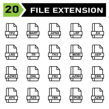 File extension icon set include tpz, mart, apnx, lrf, ea, lrs, tr, tk3, mobi, aep, azw3, dnl, fb2, azw4, ebk, kfx, rzs, ybk, epub, azw