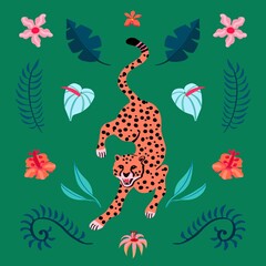 Fierce jungle cat with tropical flowers pattern