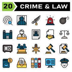 Crime and Law icon set include fingerprint, identification, investigation, evidence, search, jail, prisoner, criminal, convict, prison, knife, crime, weapon, siren, ambulance, police, emergency