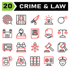 Crime and Law icon set include fingerprint, identification, investigation, evidence, search, jail, prisoner, criminal, convict, prison, knife, crime, weapon, siren, ambulance, police, emergency